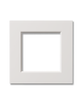 A beveled shaker style glass-ready cabinet door with glass cutout, painted white.